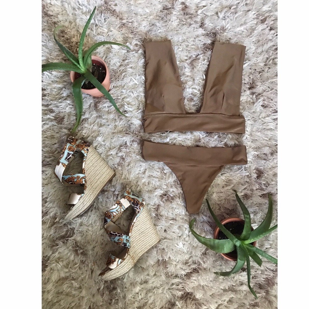 Tan Brown Thong Bikini Set